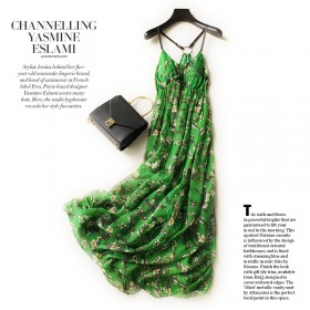 Women 100 Silk dress Beach dress 100% Natural Silk Green Printed dress Holiday summer dresses